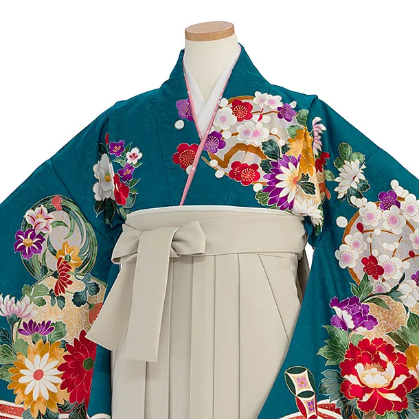 小学生卒業式かんたん袴（女の子）A161 青緑 花波／ベージュ袴