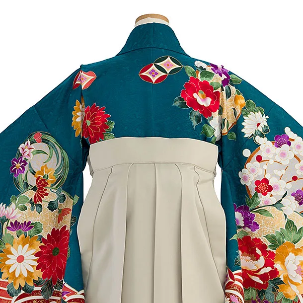 小学生卒業式かんたん袴（女の子）A161 青緑 花波／ベージュ袴