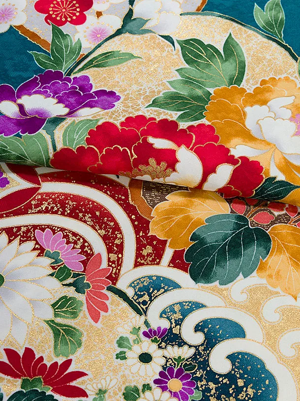 小学生卒業式かんたん袴（女の子）A161 青緑 花波／ベージュ袴