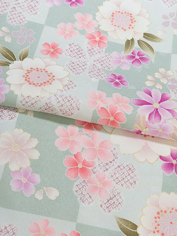 小学生卒業式かんたん袴（女の子）A162 薄緑 桜市松／ベージュ袴