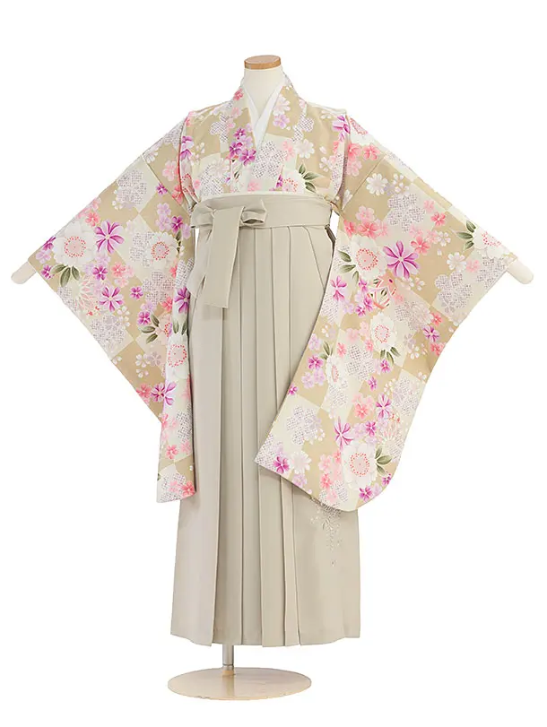 小学生卒業式かんたん袴（女の子）A163 ベージュ 桜市松／ベージュ袴