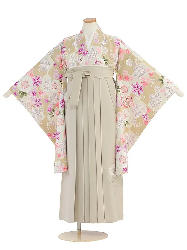 小学生卒業式かんたん袴（女の子）A163 ベージュ 桜市松／ベージュ袴