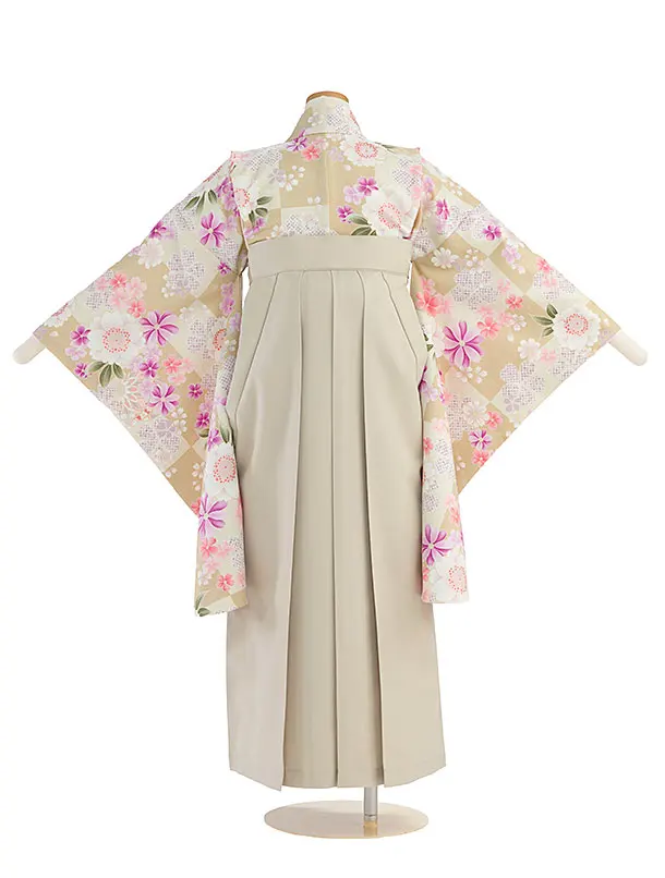 小学生卒業式かんたん袴（女の子）A163 ベージュ 桜市松／ベージュ袴