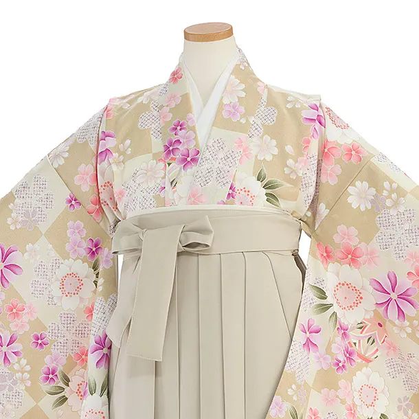 小学生卒業式かんたん袴（女の子）A163 ベージュ 桜市松／ベージュ袴