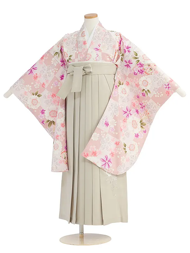 小学生卒業式かんたん袴（女の子）A164 ピンク 桜市松／ベージュ袴