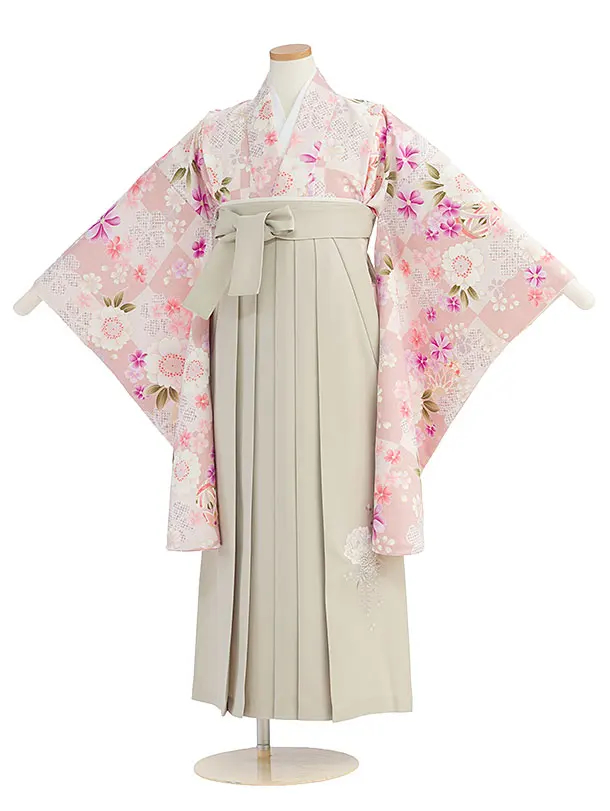 小学生卒業式かんたん袴（女の子）A164 ピンク 桜市松／ベージュ袴