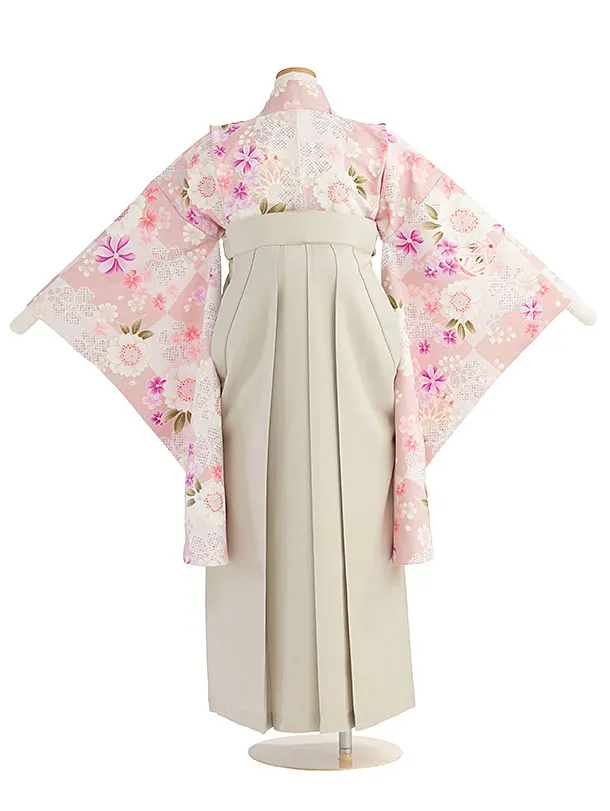 小学生卒業式かんたん袴（女の子）A164 ピンク 桜市松／ベージュ袴