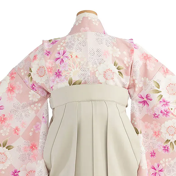 小学生卒業式かんたん袴（女の子）A164 ピンク 桜市松／ベージュ袴
