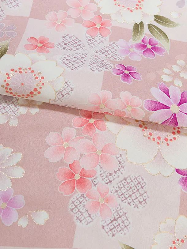 小学生卒業式かんたん袴（女の子）A164 ピンク 桜市松／ベージュ袴