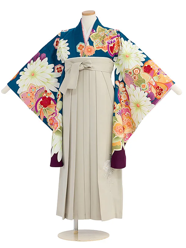 小学生卒業式かんたん袴（女の子）A165 ターコイズブルー 椿楓／ベージュ袴