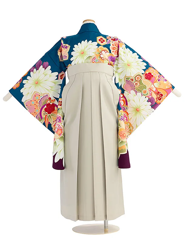 小学生卒業式かんたん袴（女の子）A165 ターコイズブルー 椿楓／ベージュ袴