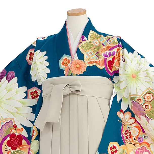 小学生卒業式かんたん袴（女の子）A165 ターコイズブルー 椿楓／ベージュ袴