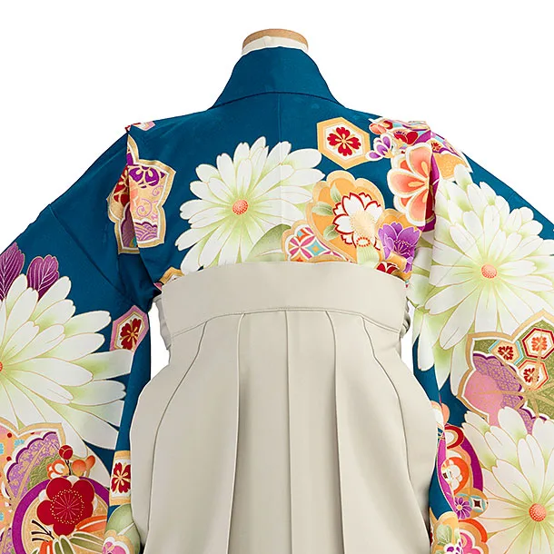 小学生卒業式かんたん袴（女の子）A165 ターコイズブルー 椿楓／ベージュ袴