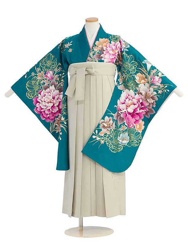 小学生卒業式かんたん袴（女の子）A166 エメラルドグリーン 牡丹／ベージュ袴