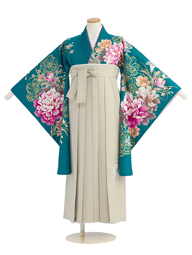 小学生卒業式かんたん袴（女の子）A166 エメラルドグリーン 牡丹／ベージュ袴