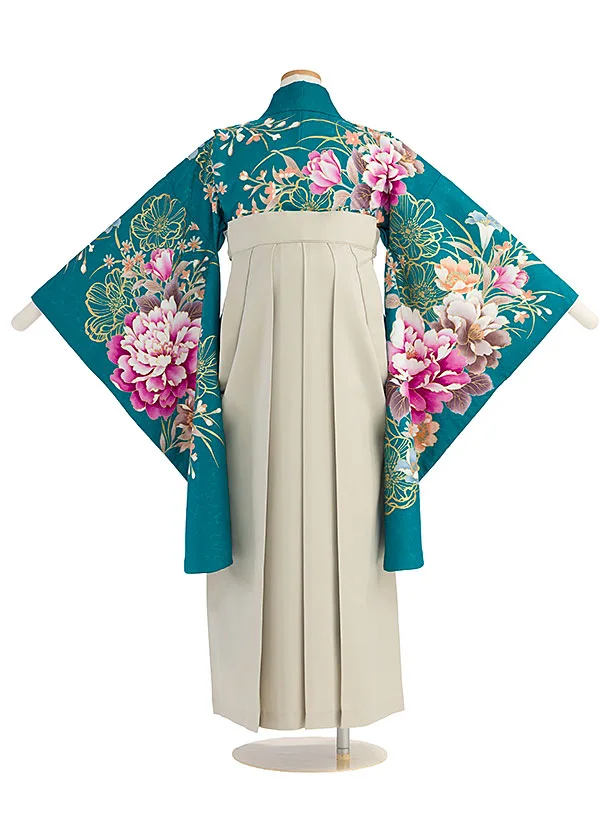 小学生卒業式かんたん袴（女の子）A166 エメラルドグリーン 牡丹／ベージュ袴