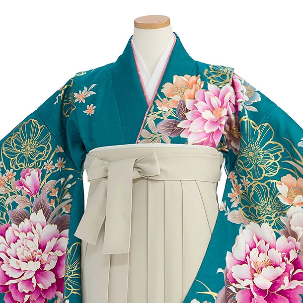 小学生卒業式かんたん袴（女の子）A166 エメラルドグリーン 牡丹／ベージュ袴