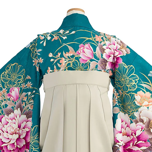 小学生卒業式かんたん袴（女の子）A166 エメラルドグリーン 牡丹／ベージュ袴