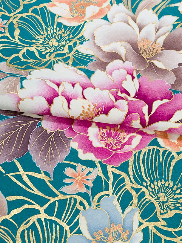 小学生卒業式かんたん袴（女の子）A166 エメラルドグリーン 牡丹／ベージュ袴