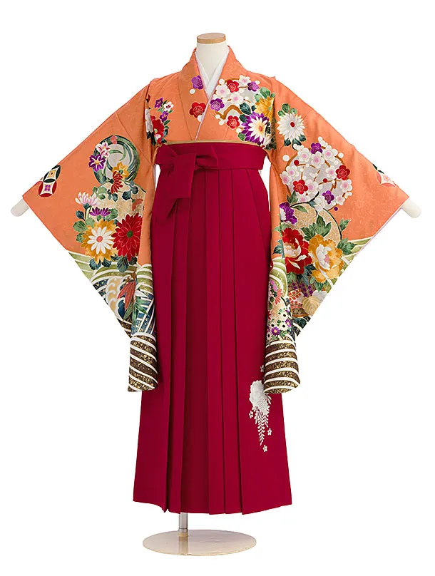 小学生卒業式かんたん袴（女の子）A167 オレンジ 花波／赤袴