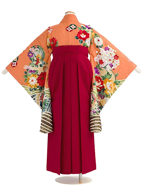 小学生卒業式かんたん袴（女の子）A167 オレンジ 花波／赤袴