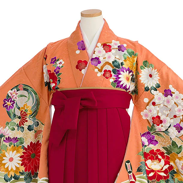 小学生卒業式かんたん袴（女の子）A167 オレンジ 花波／赤袴