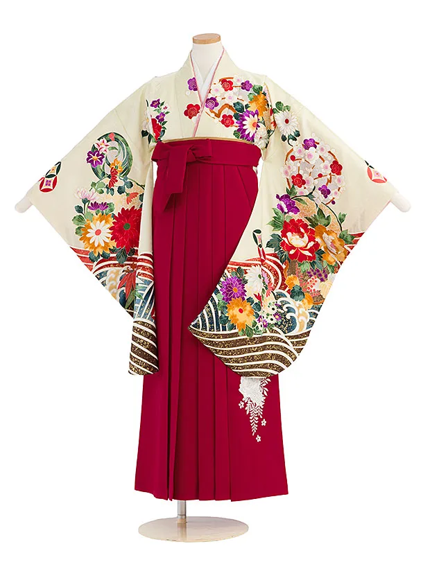 小学生卒業式かんたん袴（女の子）A168 アイボリー 花波／赤袴