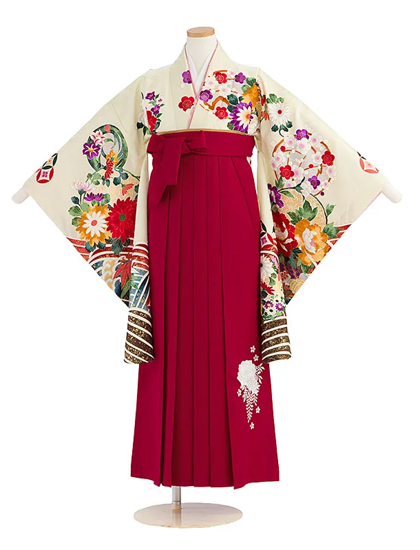 小学生卒業式かんたん袴（女の子）A168 アイボリー 花波／赤袴