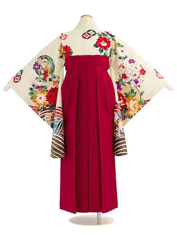 小学生卒業式かんたん袴（女の子）A168 アイボリー 花波／赤袴