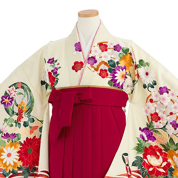 小学生卒業式かんたん袴（女の子）A168 アイボリー 花波／赤袴
