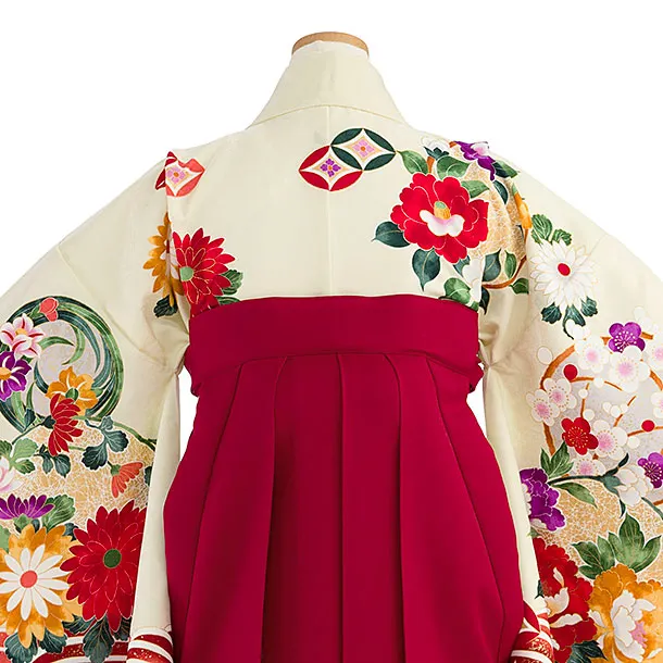 小学生卒業式かんたん袴（女の子）A168 アイボリー 花波／赤袴