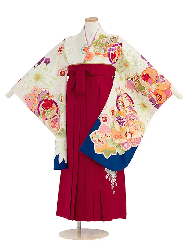 小学生卒業式かんたん袴（女の子）A169 オフホワイト 椿楓／赤袴