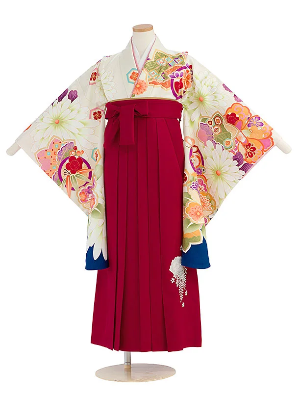 小学生卒業式かんたん袴（女の子）A169 オフホワイト 椿楓／赤袴