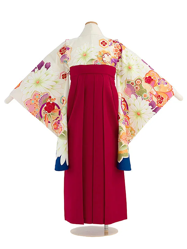 小学生卒業式かんたん袴（女の子）A169 オフホワイト 椿楓／赤袴