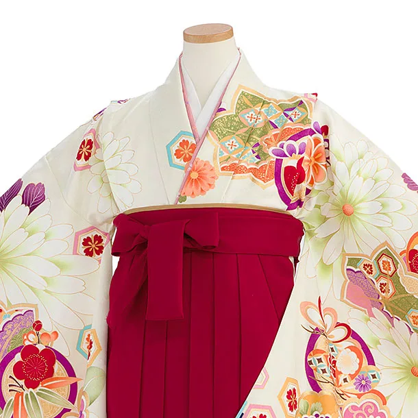 小学生卒業式かんたん袴（女の子）A169 オフホワイト 椿楓／赤袴