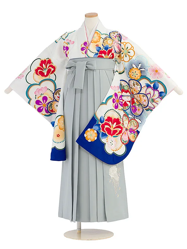 小学生卒業式かんたん袴（女の子）A170 白 花華／ブルーグレー袴