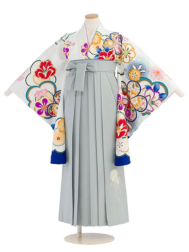小学生卒業式かんたん袴（女の子）A170 白 花華／ブルーグレー袴