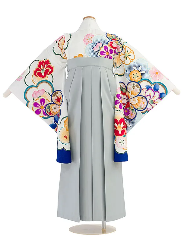 小学生卒業式かんたん袴（女の子）A170 白 花華／ブルーグレー袴