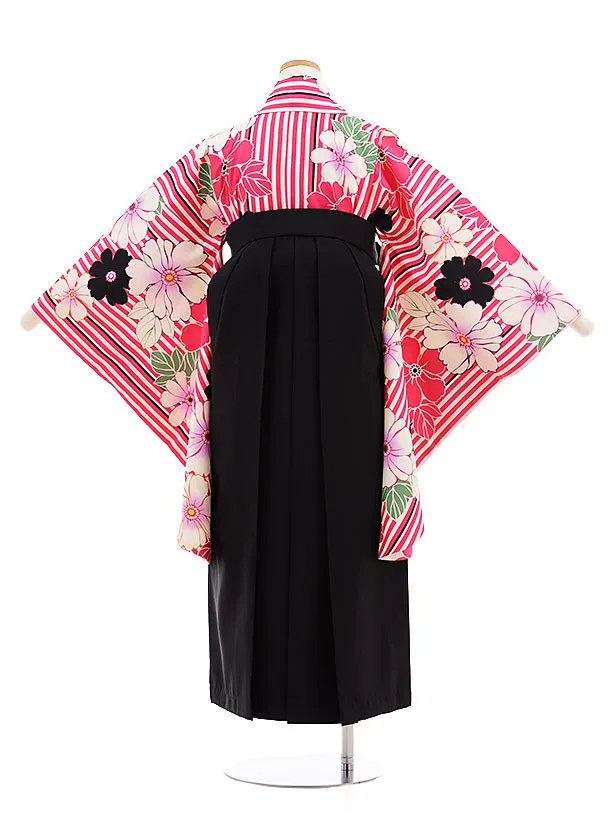 小学生 卒業式 袴レンタル（女の子） B072 ﾋﾟﾝｸｽﾄﾗｲﾌﾟ花×黒袴