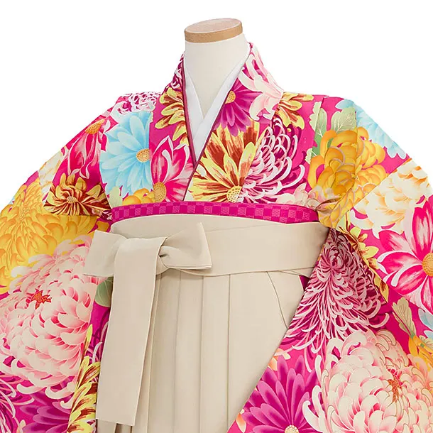 小学生卒業式袴レンタル（女の子）B230 濃ピンク 菊／クリーム袴