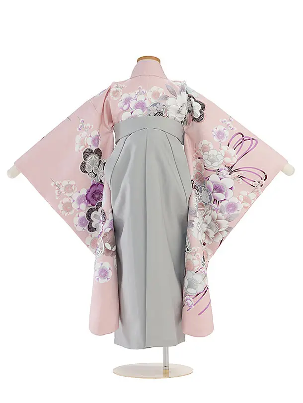 女児袴(7歳) F318 淡くすみピンク 梅桜七宝×グレー袴