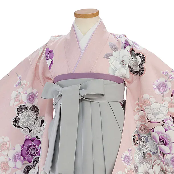 女児袴(7歳) F318 淡くすみピンク 梅桜七宝×グレー袴