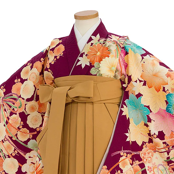 女児袴(7歳8歳) G268 華徒然／赤紫 薬玉扇×鬱金色(うこんいろ)袴