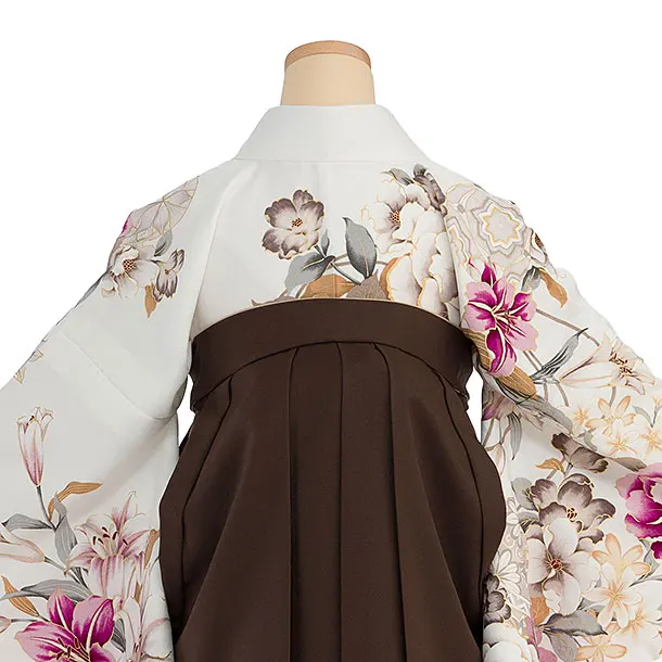 卒業式女性袴 A066 白 牡丹百合鞠／茶色 花七宝袴