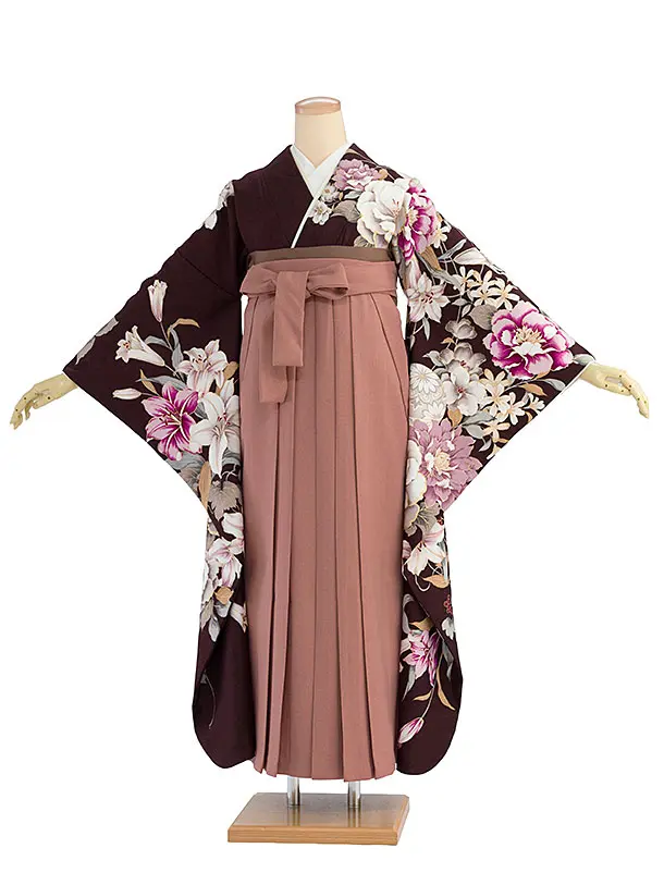 卒業式女性袴 A067 茶色 牡丹百合鞠／淡紅色袴