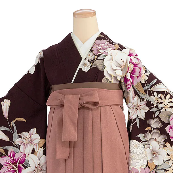 卒業式女性袴 A067 茶色 牡丹百合鞠／淡紅色袴