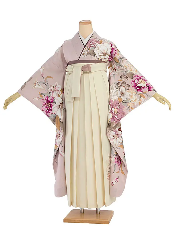 卒業式女性袴 A068 くすみピンク 牡丹百合鞠／クリーム 桜袴