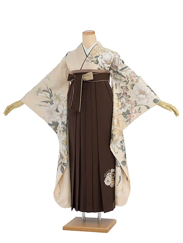 卒業式女性袴 A069 クリーム 華鞠／茶色 花七宝袴袴