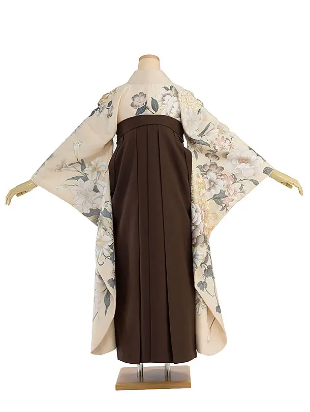 卒業式女性袴 A069 クリーム 華鞠／茶色 花七宝袴袴