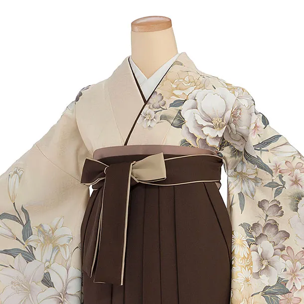 卒業式女性袴 A069 クリーム 華鞠／茶色 花七宝袴袴